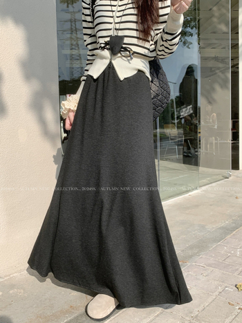 Fustă umbrelă, model solid, lungă, 95% poliester, stil lejer japonez/coreean