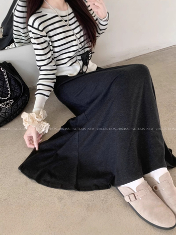 Fustă umbrelă, model solid, lungă, 95% poliester, stil lejer japonez/coreean