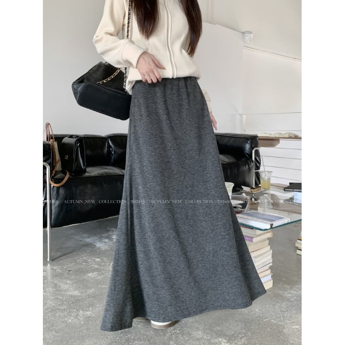 Fustă umbrelă, model solid, lungă, 95% poliester, stil lejer japonez/coreean