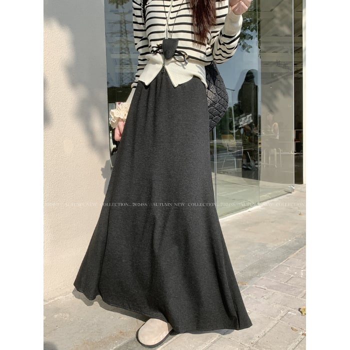 Fustă umbrelă, model solid, lungă, 95% poliester, stil lejer japonez/coreean