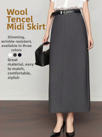 Fustă de costum, talie înaltă, croială dreaptă, lungime medie, amestec lână-Lyocell, cu despicare