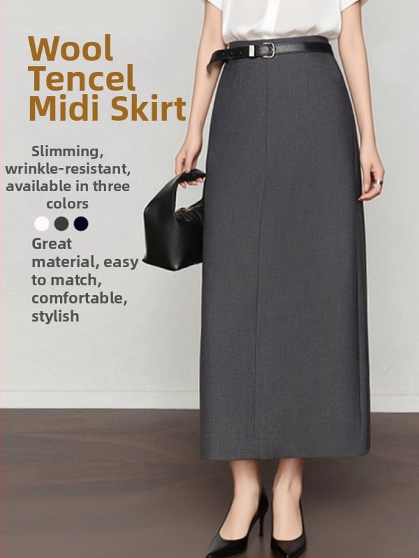 Fustă de costum, talie înaltă, croială dreaptă, lungime medie, amestec lână-Lyocell, cu despicare