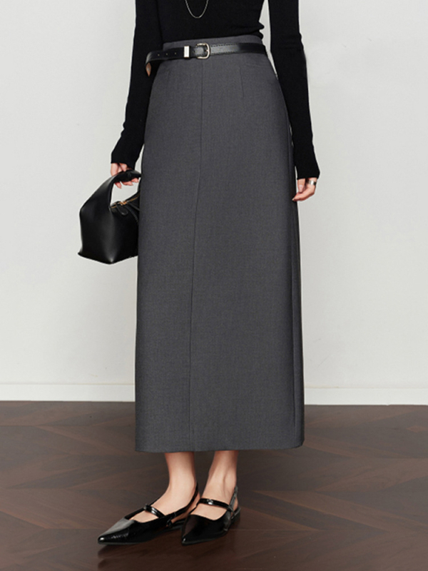 Fustă de costum, talie înaltă, croială dreaptă, lungime medie, amestec lână-Lyocell, cu despicare