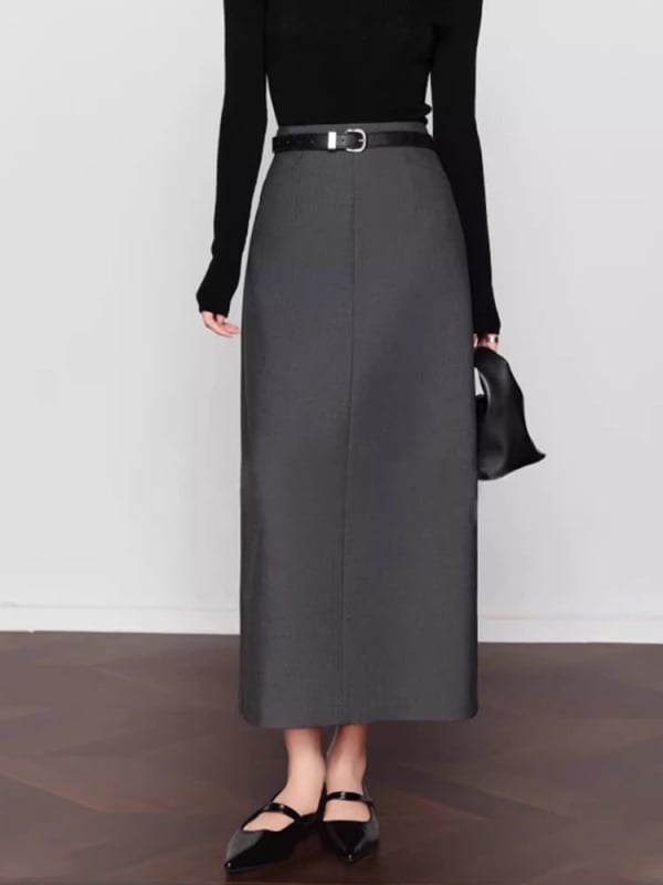 Fustă de costum, talie înaltă, croială dreaptă, lungime medie, amestec lână-Lyocell, cu despicare
