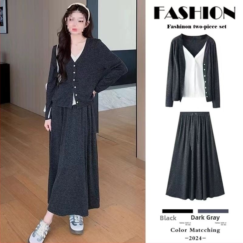 Kismama két részes szett – Chenille anyag, 50–70% Spandex, hosszú ujjú felső és szoknyás kosztüm, Japán–Koreai lazább stílus, őszi–téli szezon