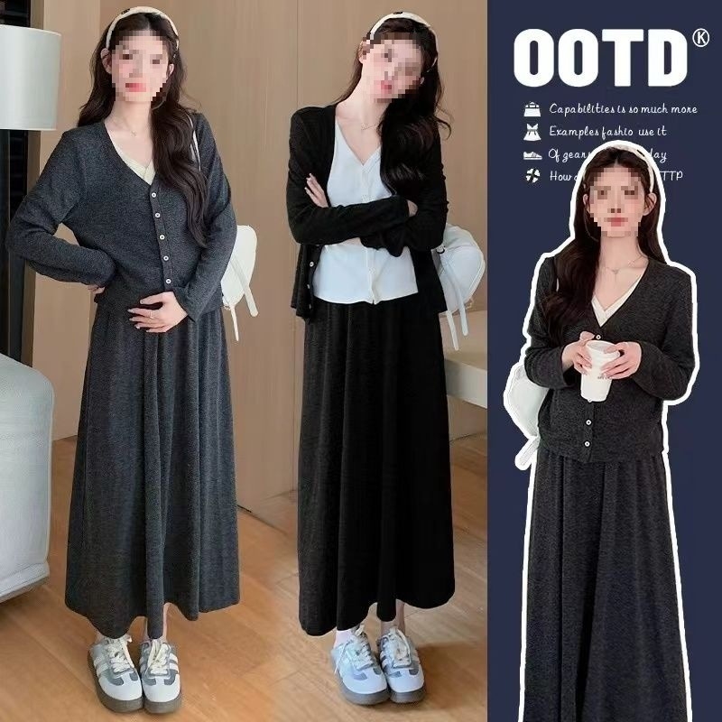 Kismama két részes szett – Chenille anyag, 50–70% Spandex, hosszú ujjú felső és szoknyás kosztüm, Japán–Koreai lazább stílus, őszi–téli szezon