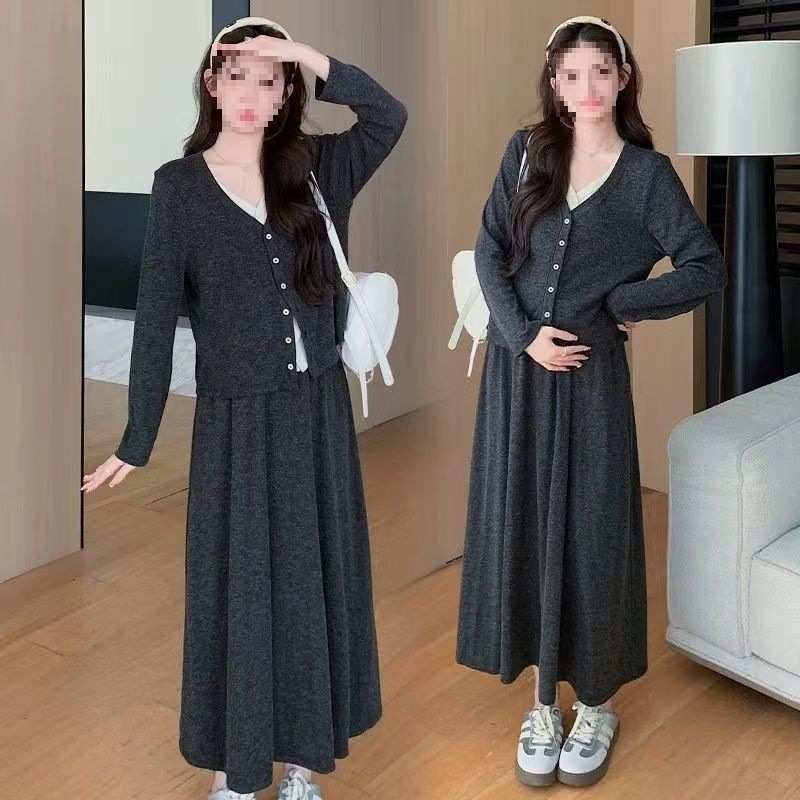 Kismama két részes szett – Chenille anyag, 50–70% Spandex, hosszú ujjú felső és szoknyás kosztüm, Japán–Koreai lazább stílus, őszi–téli szezon