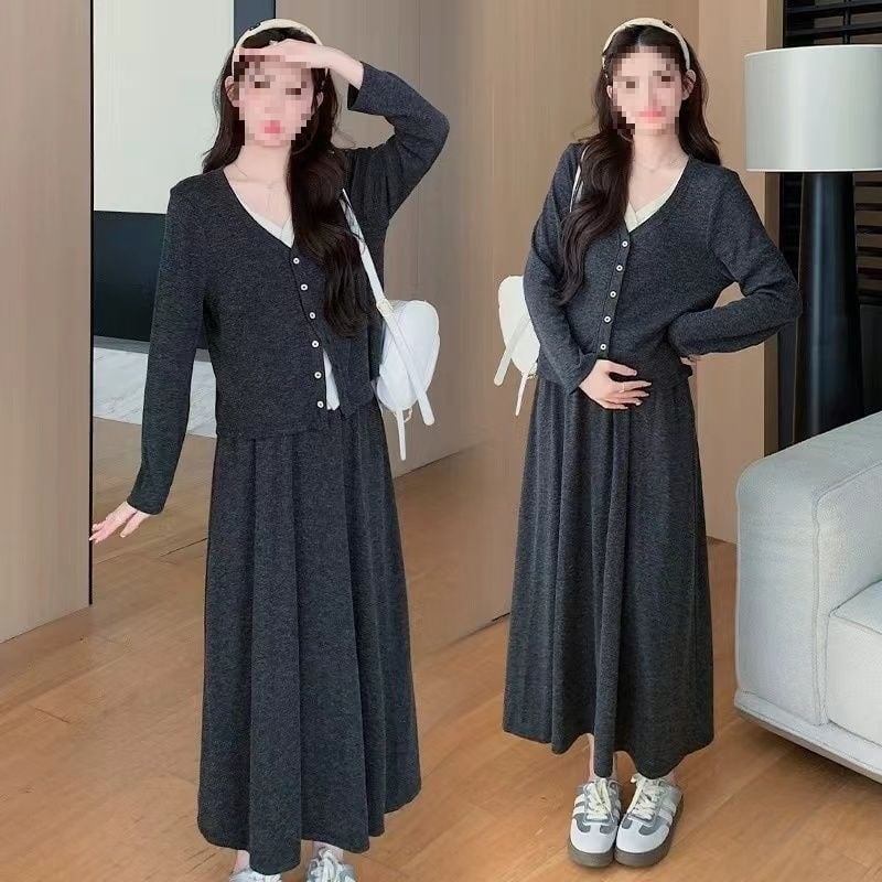 Kismama két részes szett – Chenille anyag, 50–70% Spandex, hosszú ujjú felső és szoknyás kosztüm, Japán–Koreai lazább stílus, őszi–téli szezon