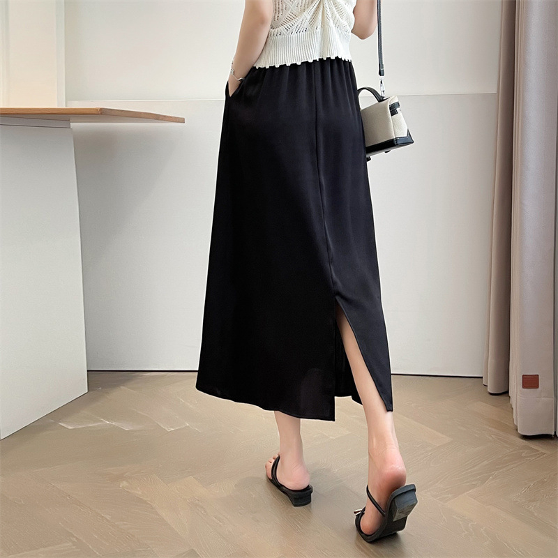 Satino A linijos sijonas, vidutinio ilgio, 2025 vasara, poliesterio audinys, vienalytis raštas