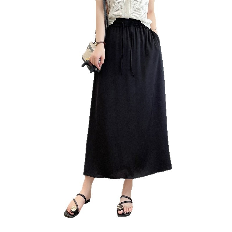 Satino A linijos sijonas, vidutinio ilgio, 2025 vasara, poliesterio audinys, vienalytis raštas