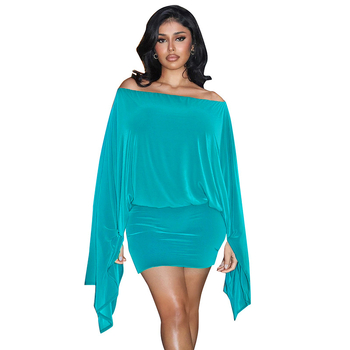 Moters sijoninis kostiumas: topas su vienu petimi, ilgos išsišalėjusios rankovės, trumpa sijona, audinys poliesteris/elastonas, vienalytis raštas