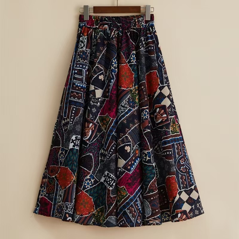 A linijos midi sijonas iš medvilnės ir lino, kasdienis japonų-korejiečių stilius, medvilnė 50–70%, kanapių 30–50%, vasara 2025