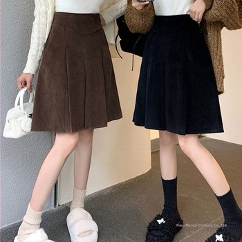 Corduroy midi sijonas moterims, aukštas liemuo su kišenėmis, plisė, medvilnės mišinio audinys