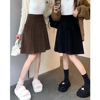 Corduroy midi sijonas moterims, aukštas liemuo su kišenėmis, plisė, medvilnės mišinio audinys