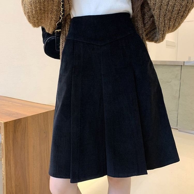 Corduroy midi sijonas moterims, aukštas liemuo su kišenėmis, plisė, medvilnės mišinio audinys