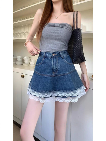 Džinsų A linijos sijonas su nėrinių įdėklais, aukštos juosmens, poliesterio mišinys 30–50%