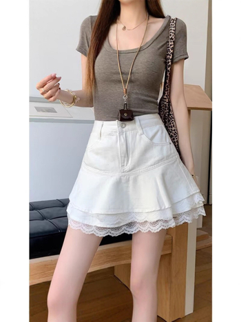 Džinsų A linijos sijonas su nėrinių įdėklais, aukštos juosmens, poliesterio mišinys 30–50%