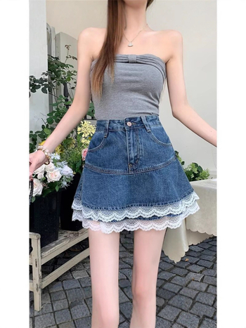 Džinsų A linijos sijonas su nėrinių įdėklais, aukštos juosmens, poliesterio mišinys 30–50%