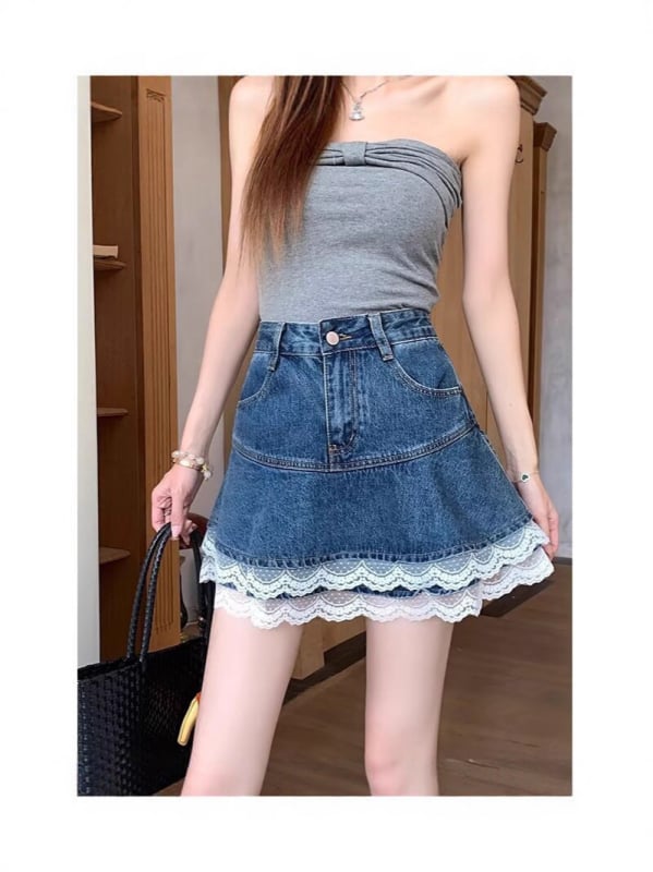 Džinsų A linijos sijonas su nėrinių įdėklais, aukštos juosmens, poliesterio mišinys 30–50%