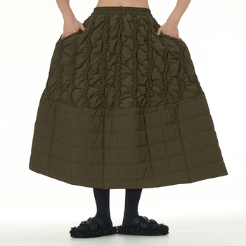 Japonų stiliaus quilted midi sijonas su A linija, 95% poliesteris, trijų dimensijų medvilnės audinys, žiema 2024