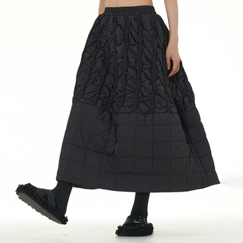 Japonų stiliaus quilted midi sijonas su A linija, 95% poliesteris, trijų dimensijų medvilnės audinys, žiema 2024