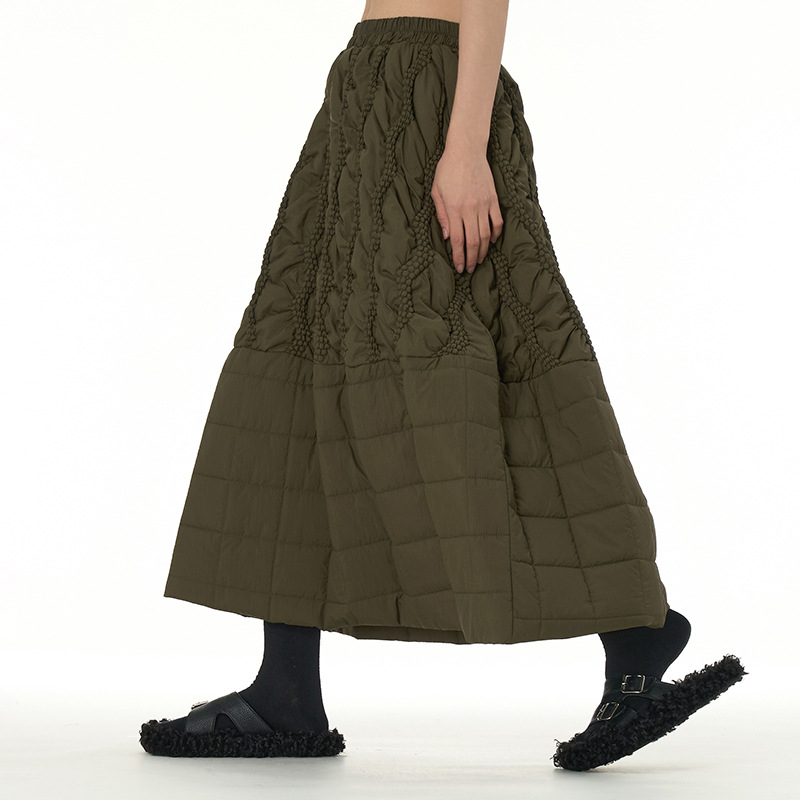 Japonų stiliaus quilted midi sijonas su A linija, 95% poliesteris, trijų dimensijų medvilnės audinys, žiema 2024
