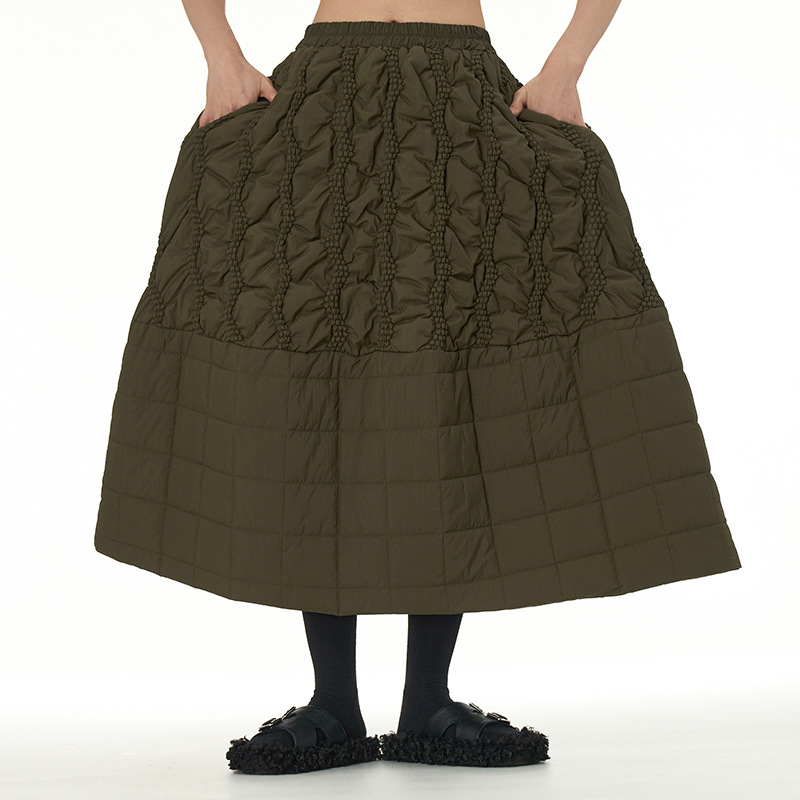 Japonų stiliaus quilted midi sijonas su A linija, 95% poliesteris, trijų dimensijų medvilnės audinys, žiema 2024