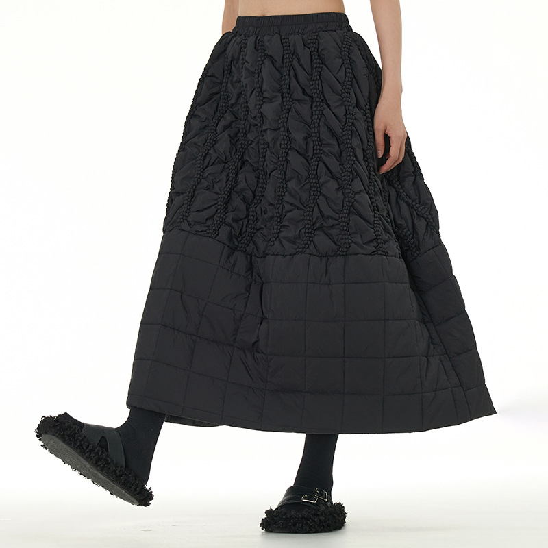 Japonų stiliaus quilted midi sijonas su A linija, 95% poliesteris, trijų dimensijų medvilnės audinys, žiema 2024