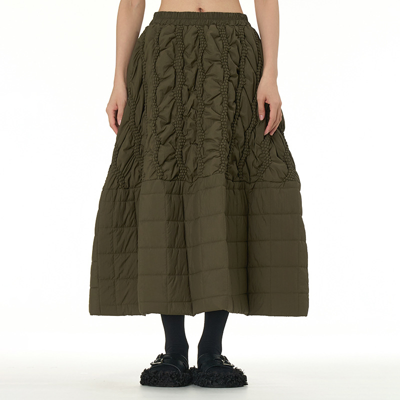 Japonų stiliaus quilted midi sijonas su A linija, 95% poliesteris, trijų dimensijų medvilnės audinys, žiema 2024