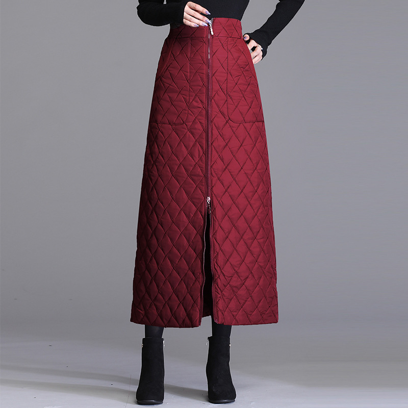 Moterų žieminės midi A linijos sijonas su aukštu juosmeniu, vėjo atsparus ir šiltas medvilnės audinys, mikroelastingumas