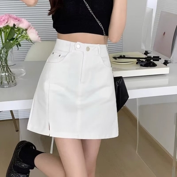 Džinsinis A-linijos mini sijonas su aukštu juosmeniu, trumpas ilgis, mikroelastingumas, liekninantis kriaušės formos figūrą, vasara 2023