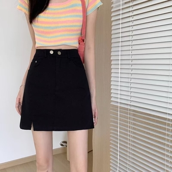 Džinsinis A-linijos mini sijonas su aukštu juosmeniu, trumpas ilgis, mikroelastingumas, liekninantis kriaušės formos figūrą, vasara 2023
