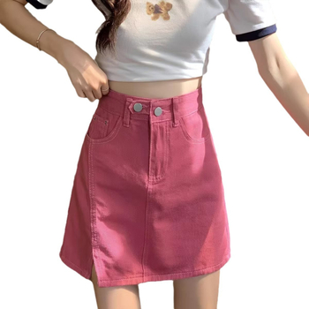 Džinsinis A-linijos mini sijonas su aukštu juosmeniu, trumpas ilgis, mikroelastingumas, liekninantis kriaušės formos figūrą, vasara 2023