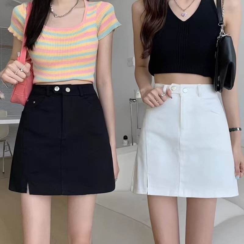 Džinsinis A-linijos mini sijonas su aukštu juosmeniu, trumpas ilgis, mikroelastingumas, liekninantis kriaušės formos figūrą, vasara 2023