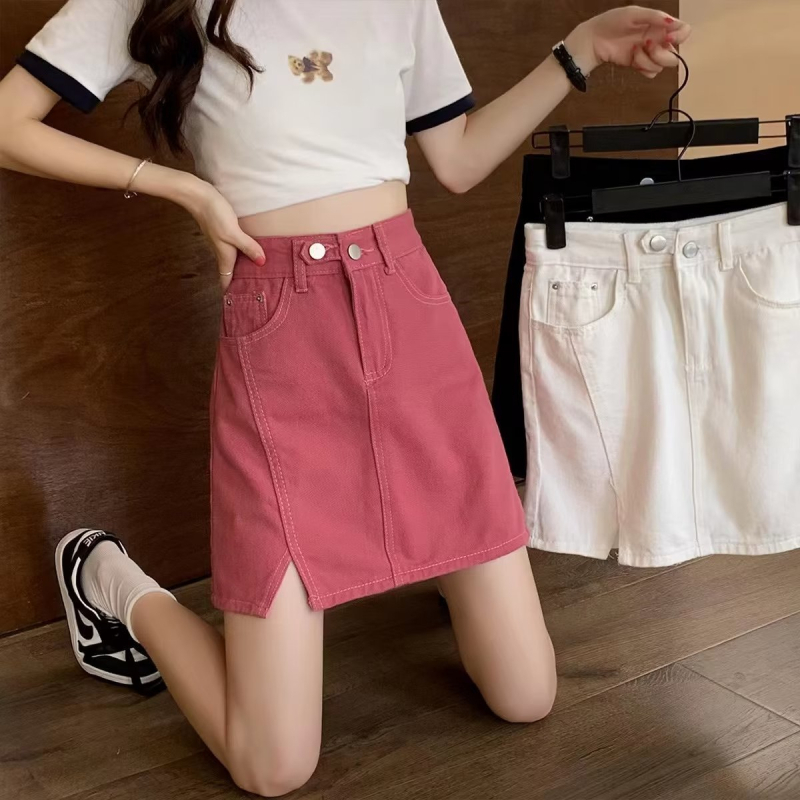 Džinsinis A-linijos mini sijonas su aukštu juosmeniu, trumpas ilgis, mikroelastingumas, liekninantis kriaušės formos figūrą, vasara 2023