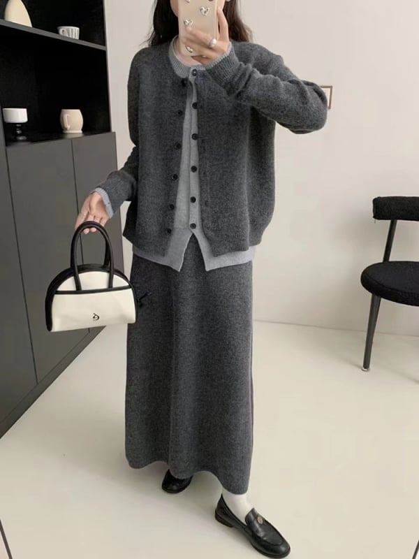 Megztas kardiganas ir sijono komplektas, ilgomis rankovėmis, midi sijonas, rudens 2024 išleidimas, poliesterio/akrilo mišinys, koliažo dizaino