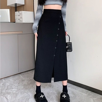 Chenille sijonas A linijos su skeltuku, rudens-žiemos sezonai, vidutinio ilgio, japonų-koreiečių stilius