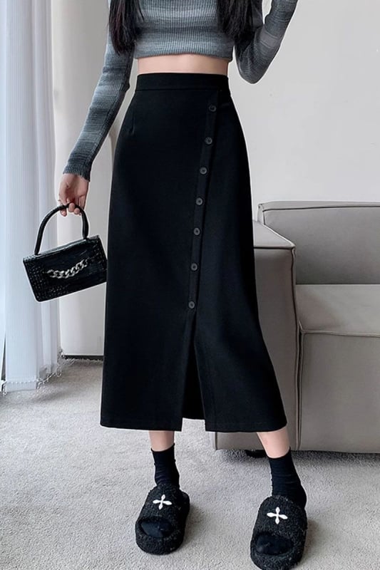 Chenille sijonas A linijos su skeltuku, rudens-žiemos sezonai, vidutinio ilgio, japonų-koreiečių stilius