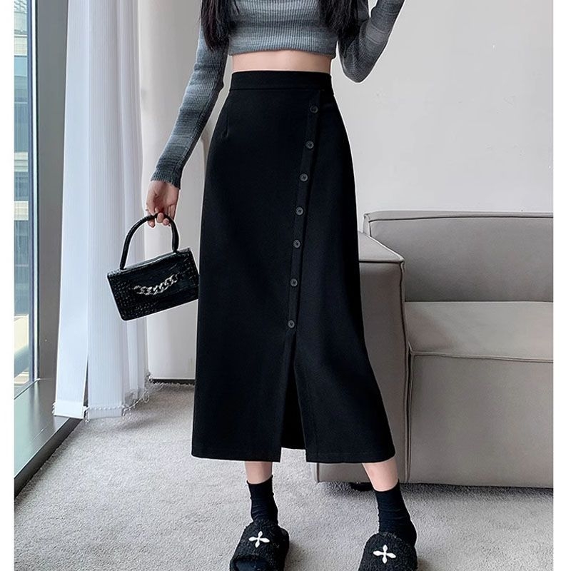 Chenille sijonas A linijos su skeltuku, rudens-žiemos sezonai, vidutinio ilgio, japonų-koreiečių stilius