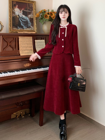 Plus veličine crveni corduroy set top i suknja za žene, jesen-zima, elegantan vitak silueta