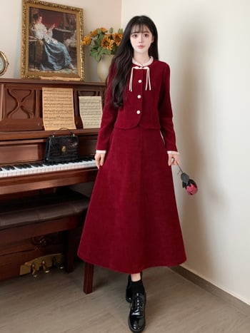 Plus veličine crveni corduroy set top i suknja za žene, jesen-zima, elegantan vitak silueta