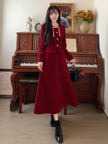Plus veličine crveni corduroy set top i suknja za žene, jesen-zima, elegantan vitak silueta
