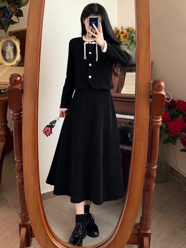 Plus veličine crveni corduroy set top i suknja za žene, jesen-zima, elegantan vitak silueta