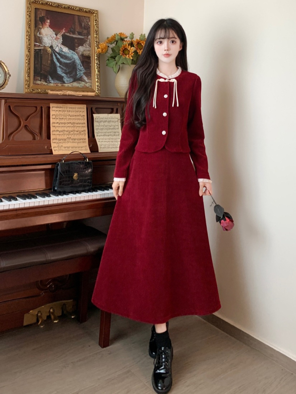 Plus veličine crveni corduroy set top i suknja za žene, jesen-zima, elegantan vitak silueta