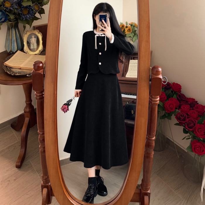 Plus veličine crveni corduroy set top i suknja za žene, jesen-zima, elegantan vitak silueta