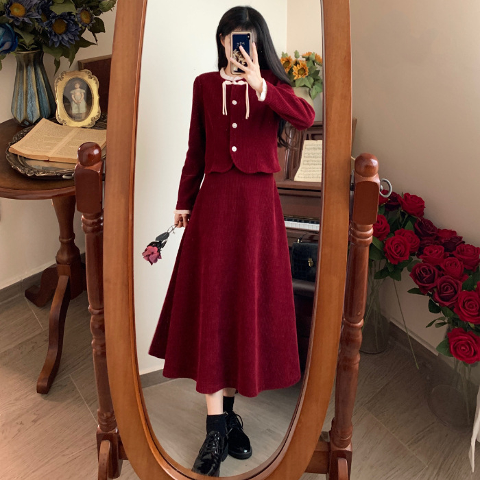 Plus veličine crveni corduroy set top i suknja za žene, jesen-zima, elegantan vitak silueta