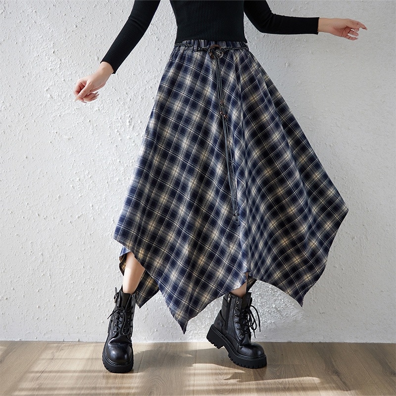 Fustă lungă Mori stil, plus size, talie elastică, model în grilă, tiv neregulat, poliester 80–90%