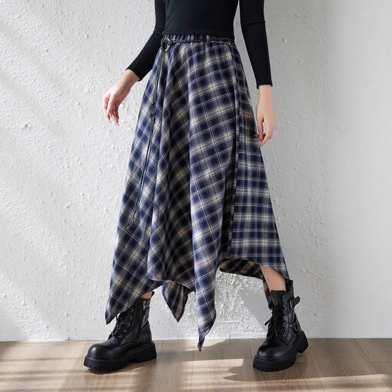 Fustă lungă Mori stil, plus size, talie elastică, model în grilă, tiv neregulat, poliester 80–90%