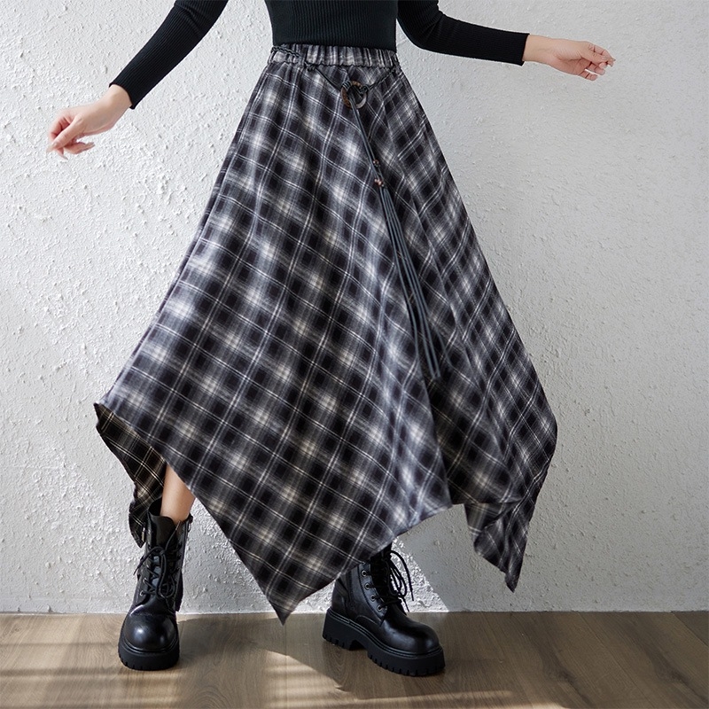 Fustă lungă Mori stil, plus size, talie elastică, model în grilă, tiv neregulat, poliester 80–90%