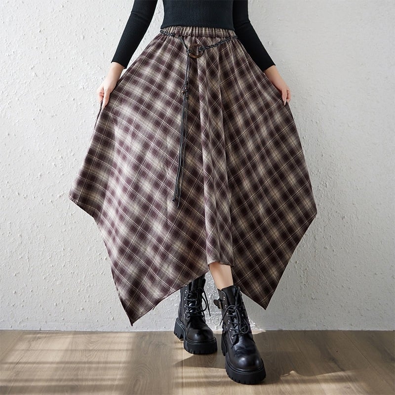 Fustă lungă Mori stil, plus size, talie elastică, model în grilă, tiv neregulat, poliester 80–90%